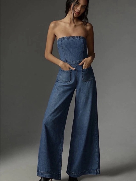 Pilcro Pants - Pilcro Tube Top Carpenter Jumpsuit- Wide-Leg Denim Jumpsuit - Dark Blue
